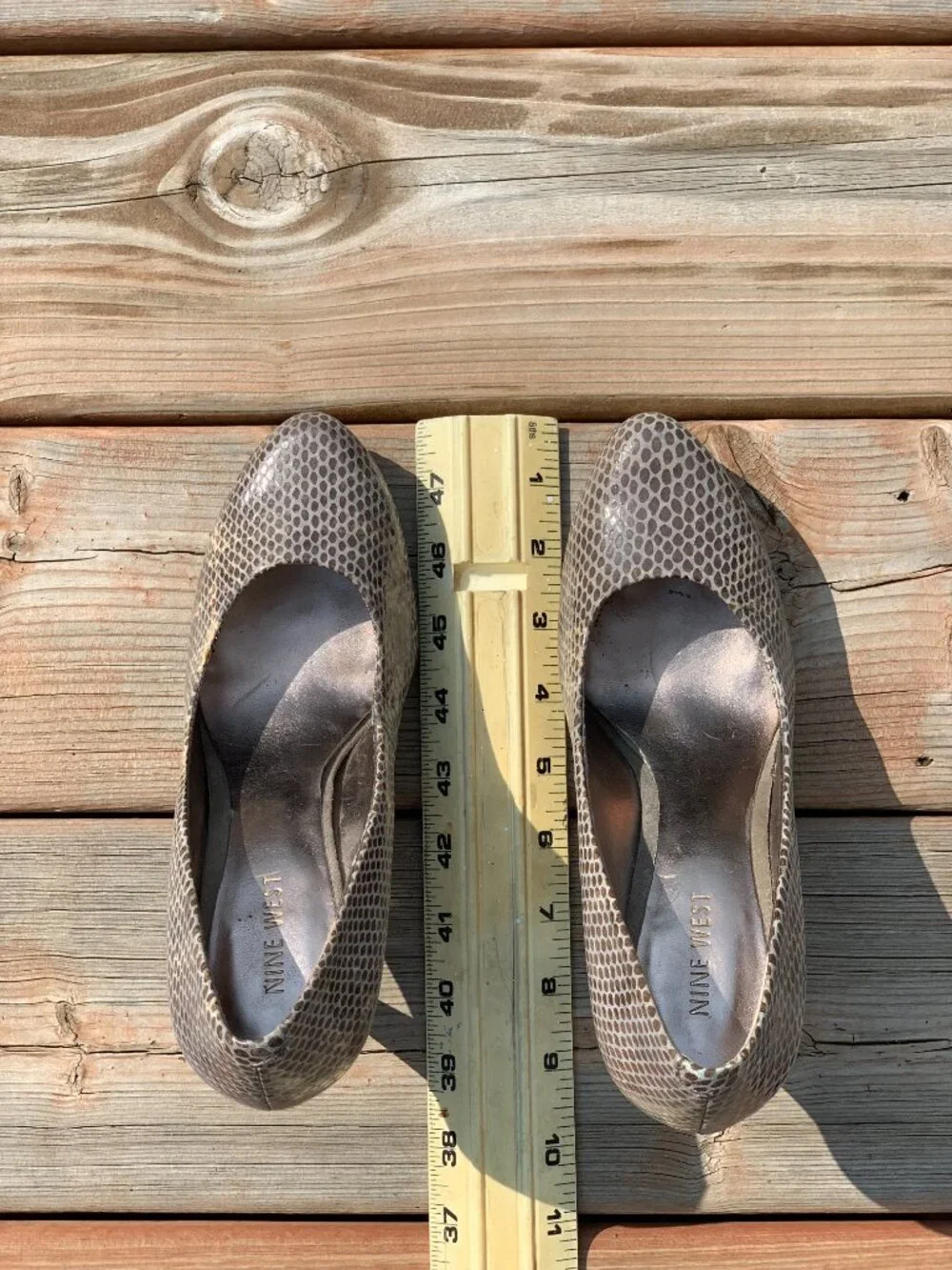 Nine West Snakeskin Pump 6.5 Taupe Patent Leather Faux Wood Platform High Heels